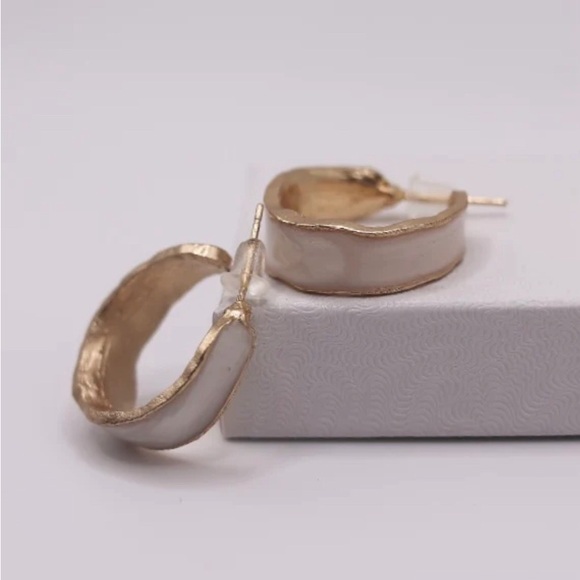 White Enamel Gold Hoops - Picture 1 of 11